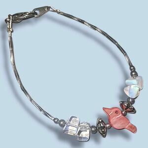 Vintage Liquid Silver Red Mop Carved Bird‎ Bead Bracelet